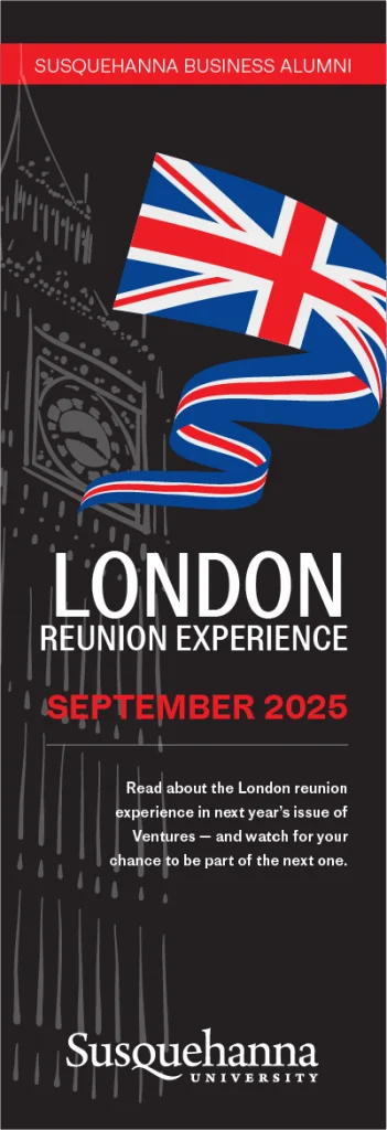 A promotional graphic for the London Reunion Experience in September 2025 by Susquehanna University, featuring a Union Jack flag and Big Ben illustration.