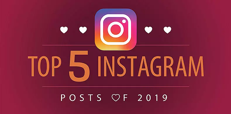 Instagram logo above text: "Top 5 Instagram Posts of 2019" with small hearts surrounding it on a red background.