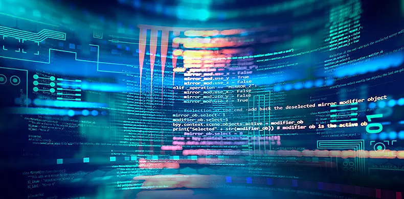Abstract digital image showing colorful blue and orange code lines and data streams on a dark background, representing programming, technology, or cybersecurity concepts.