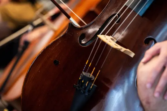 Close-up of a cellist playing a cello, focusing on the strings and body of the instrument. The musician's hand is visible, and blurred musicians are in the background, creating a sense of a live performance.