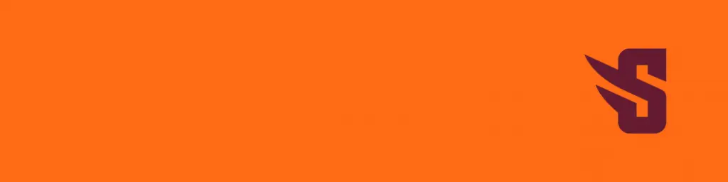 An orange background with a stylized dark brown letter "S" in the bottom right corner. The "S" has a wing-like element extending from its middle.