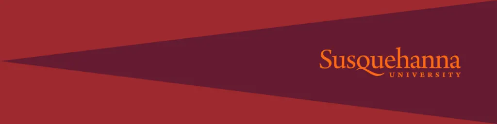 A maroon triangular pennant with an orange outline contains the text "Susquehanna University" in orange on the right side. The background is a darker shade of maroon.