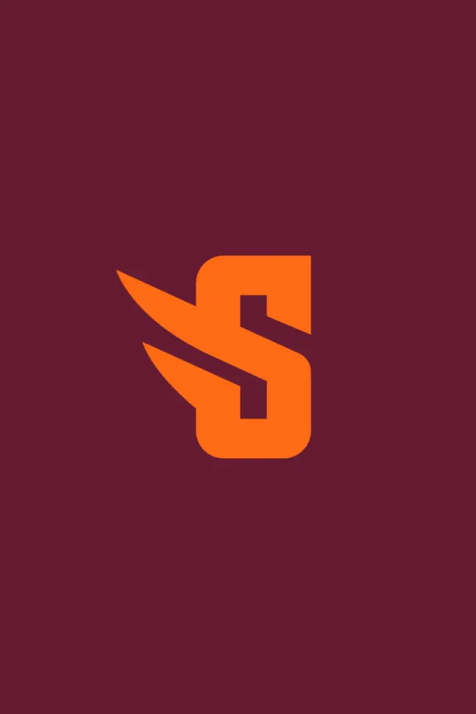 A stylized orange letter "S" with two wing-like extensions on a dark red background.