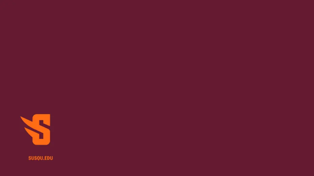 Maroon background with an orange logo on the lower left corner. The logo features a stylized letter "S" with an upward swoosh. Below the logo, text reads "SUSQ.EDU" in orange.