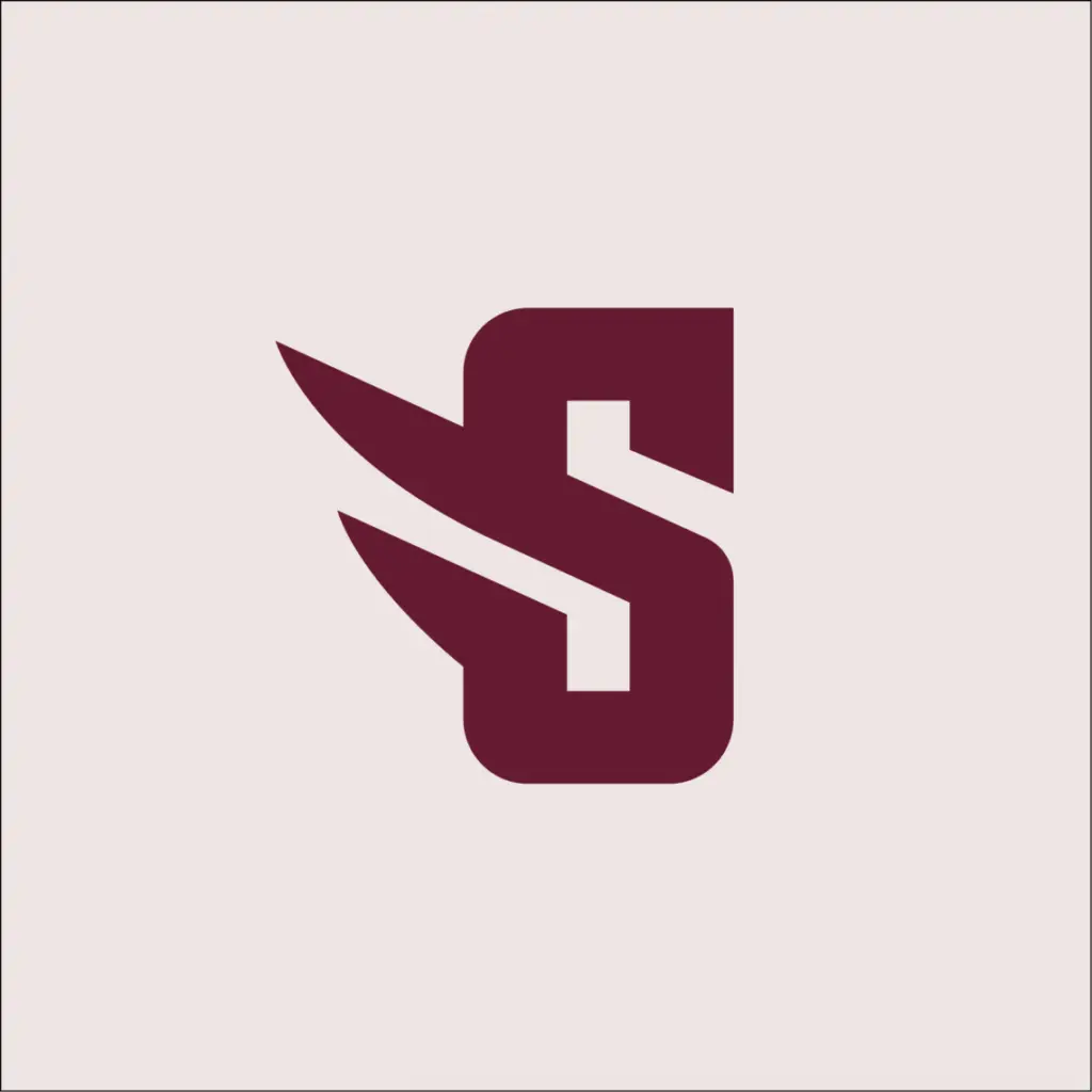 A stylized maroon letter "S" on a beige background. The design includes two dynamic, diagonal extensions on the left side of the "S," resembling wings or speed lines.