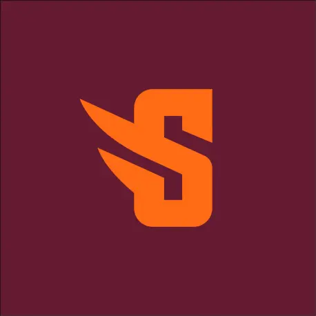 A stylized orange letter "S" with sharp, angular lines and additional wing-like extensions on a dark red background.