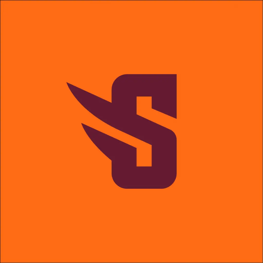 An orange square background featuring a stylized, dark brown letter "S" with two wing-like extensions on the left side of the letter.