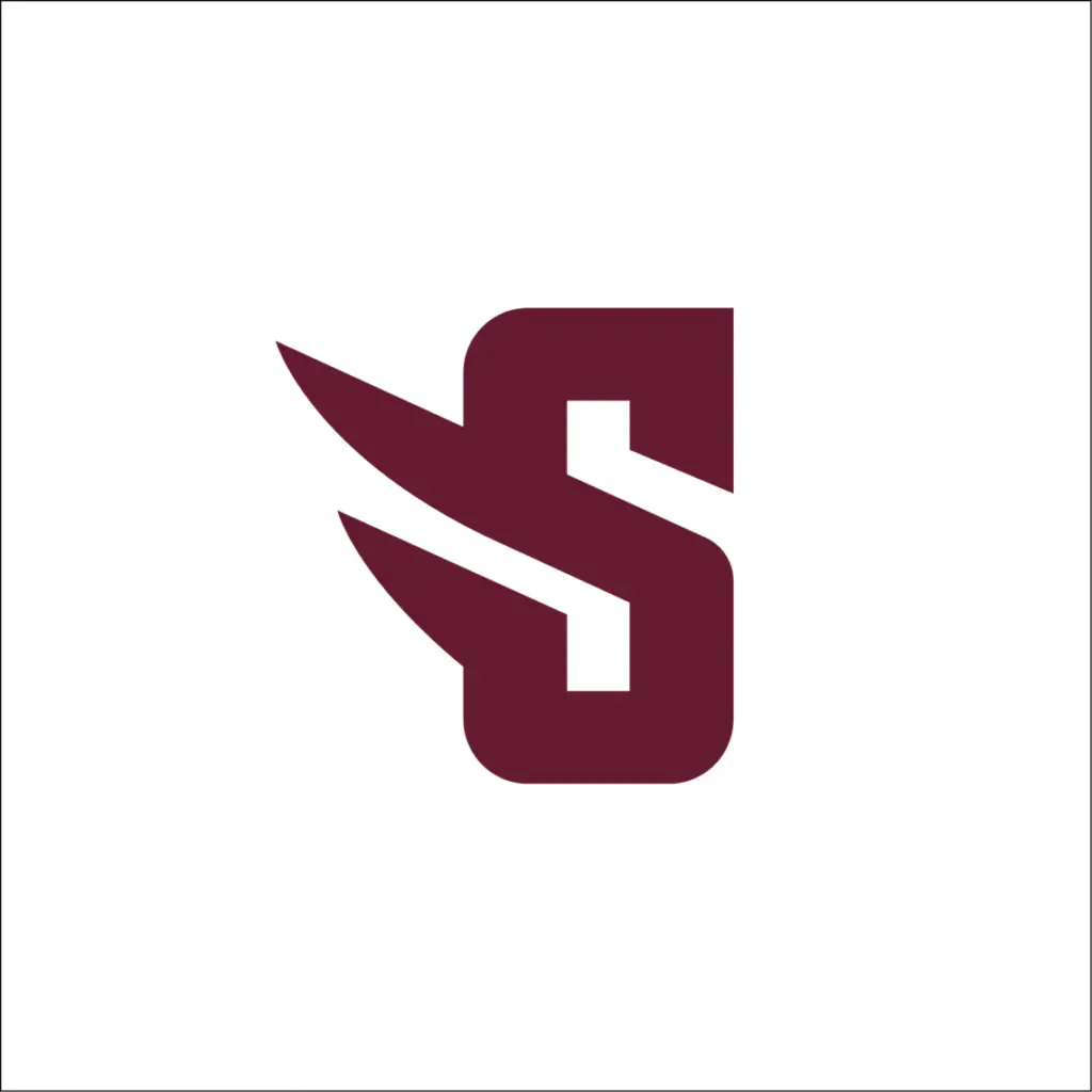 A stylized maroon letter "S" on a white background, featuring sharp, wing-like extensions on the left side, giving it a dynamic and modern appearance.