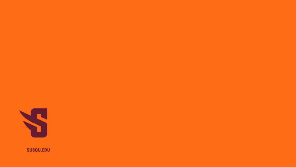 Solid orange background with a dark purple stylized "S" logo in the bottom left corner. Below the logo, the text "SUSQU.EDU" is visible in small, uppercase letters.