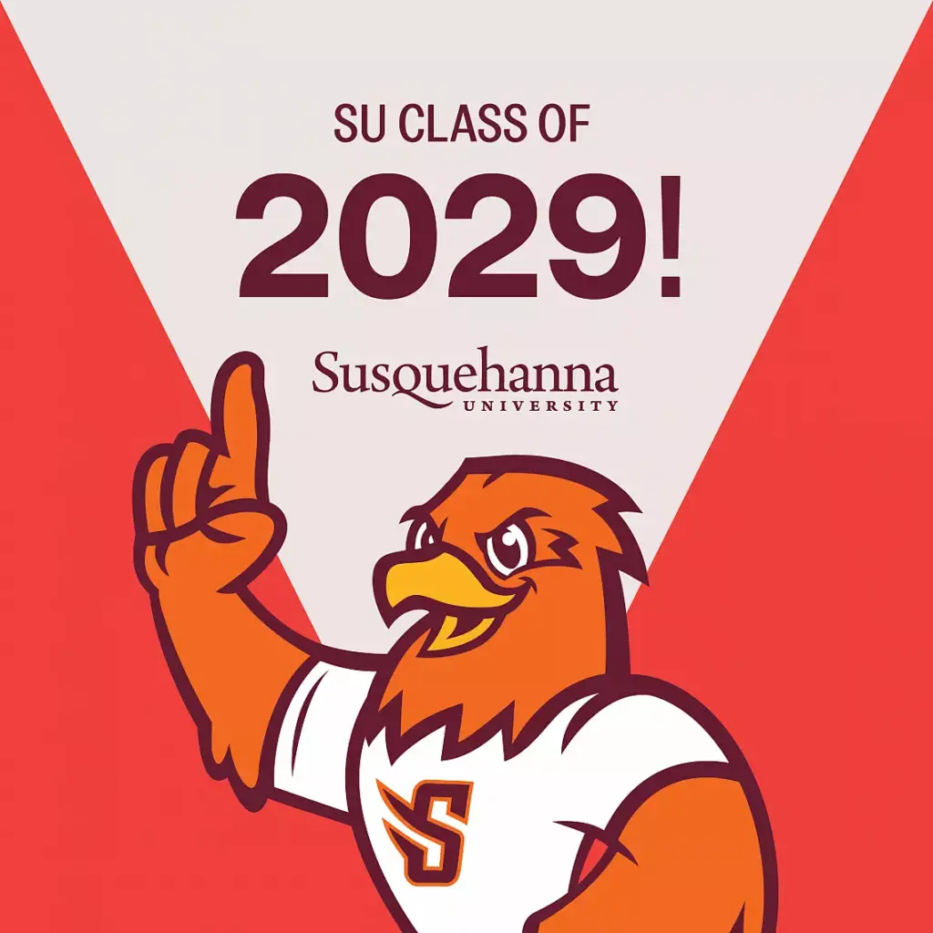 Illustration of an orange bird mascot in a white "S" logo shirt, pointing upwards. The text above reads "SU Class of 2029" and "Susquehanna University," against a red and white background. Perfect for digital downloads to celebrate your Susquehanna journey!.