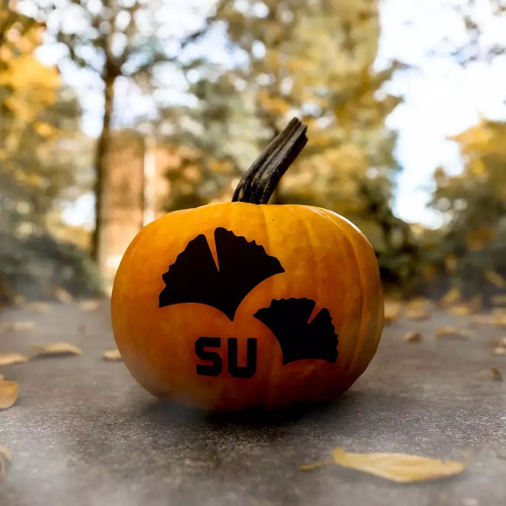 A pumpkin rests on a pathway amid fallen leaves and trees, adorned with black silhouettes of ginkgo leaves and the letters "SU." The background captures an autumn setting in soft focus, perfect for those seeking digital downloads that encapsulate the season's essence.