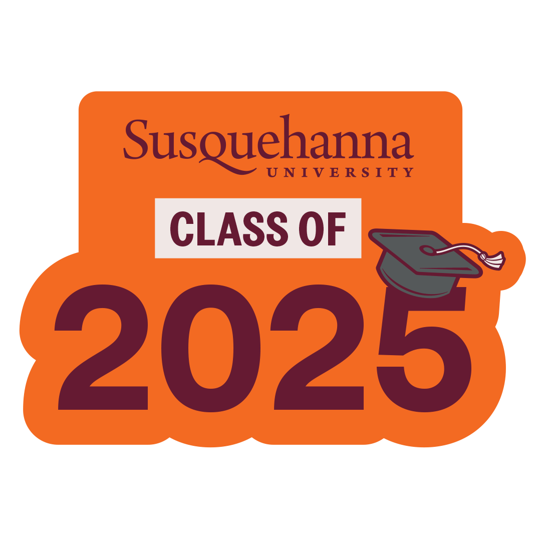Orange badge reading "Susquehanna University Class of 2025" in dark red letters, available as a digital download. Below, the year "2025" is prominently displayed, also in dark red, with a graduation cap icon on the upper right of the numbers.
