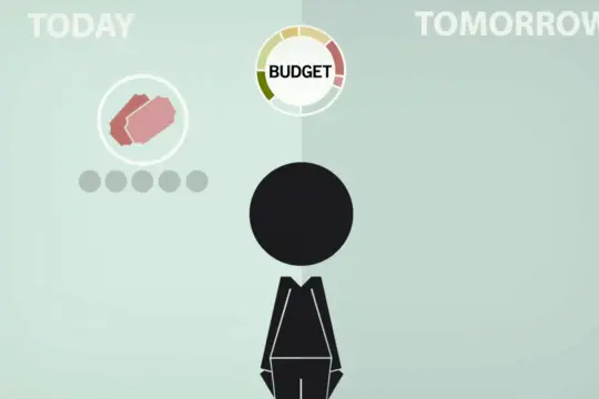 A simplified illustration shows a person examining a red ticket labeled "Today" with an eye on a circular "Budget" gauge for "Tomorrow," suggesting smart choices. The light green background emphasizes the importance of managing tuition and financial aid wisely.