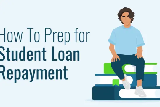 An illustration shows a person in a blue shirt and dark pants sitting on a stack of books beside the text "How To Prep for Student Loan Repayment." This image, set against the backdrop of tuition and financial aid challenges, highlights practical steps for students.