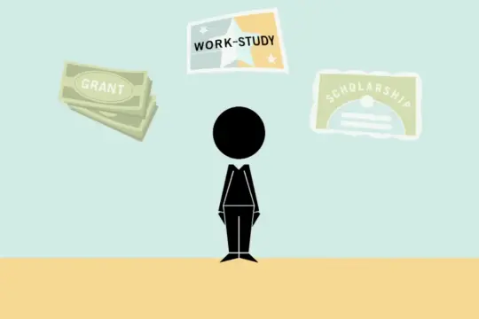 A simple figure stands beneath illustrations of tuition and financial aid options: a stack of bills labeled "Grant," a "Work-Study" document, and a "Scholarship" certificate. The background is light blue and the ground is beige.