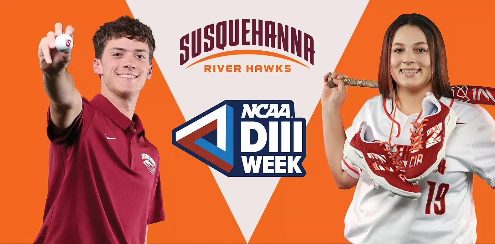 A male and female athlete pose in front of an orange and white background with "Susquehanna River Hawks" and "NCAA DIII Week" logos. The male holds a baseball, and the female holds a softball bat and cleats.