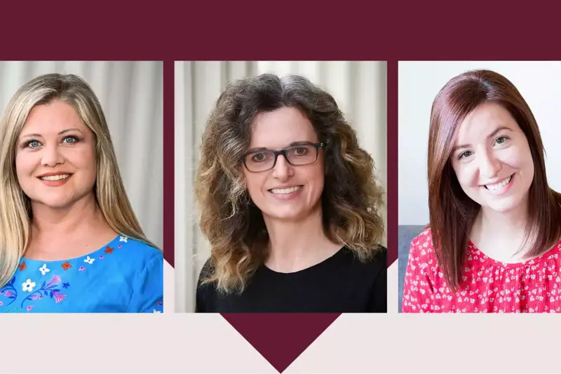 Three women are shown in individual portrait photos against neutral backgrounds. Each woman is smiling, with different hair colors and styles, wearing colorful tops. The portraits are framed by a burgundy and light beige graphic design.