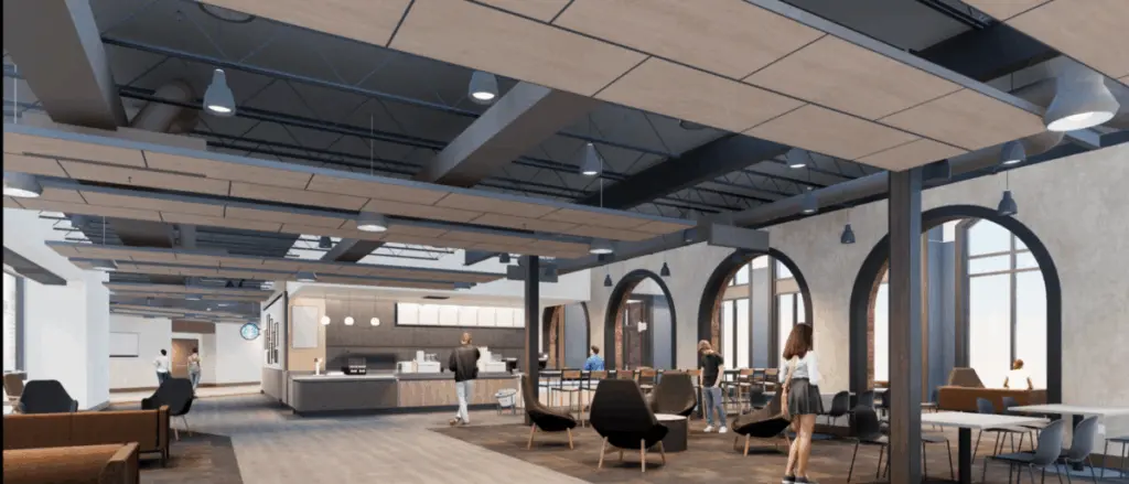 A spacious modern café blends Building and Spaces elements with high ceilings, exposed beams, large arched windows, and various seating areas. Several people are seated or walking, and a coffee counter is visible in the bright, open atmosphere.