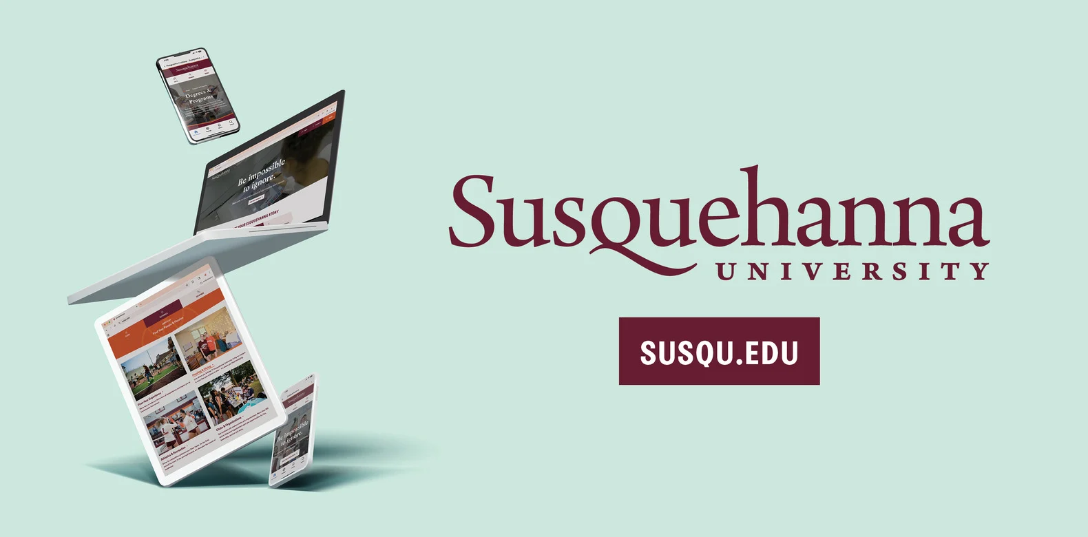 Digital devices displaying the Susquehanna University website float beside the university’s logo and "SUSQU.EDU" on a light teal background.