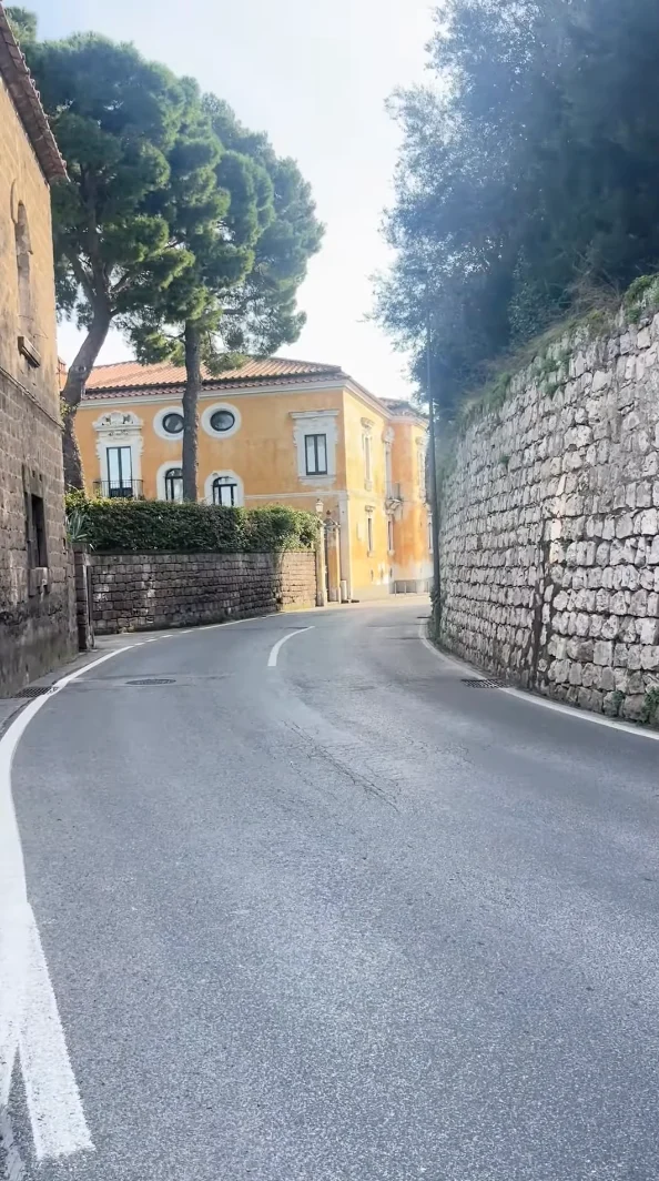 A curving, empty road bordered by stone walls leads to a yellow building with arched windows, suggesting a place for academics, with tall trees in the background under a bright sky.